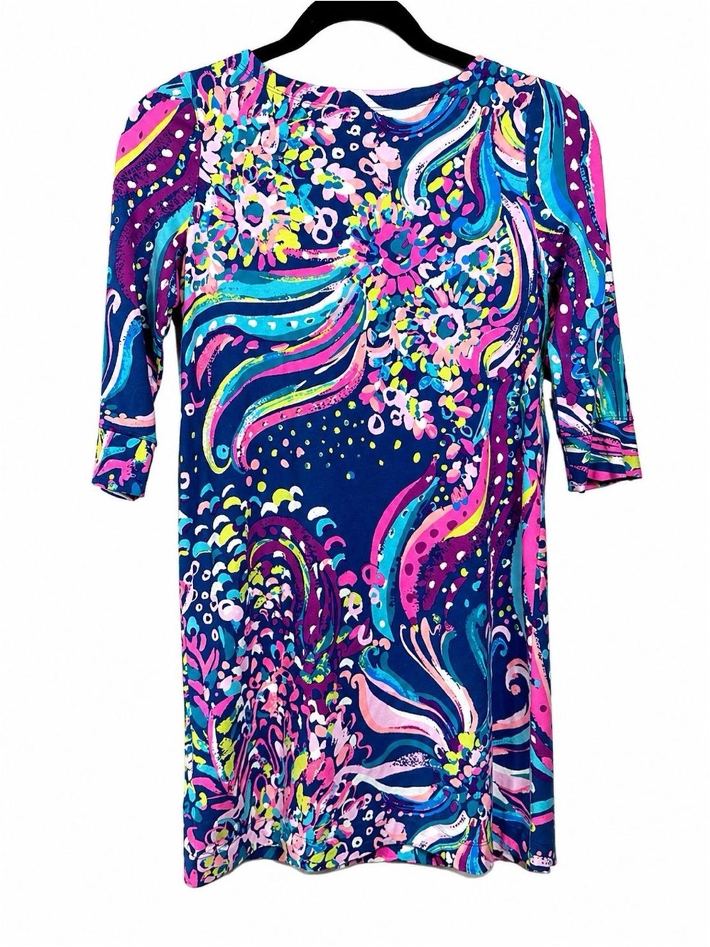 Lilly Pulitzer Girls XL 12-14 Navy Floral 3/4 Sleeve Stretch Dress pink teal - Picture 2 of 6